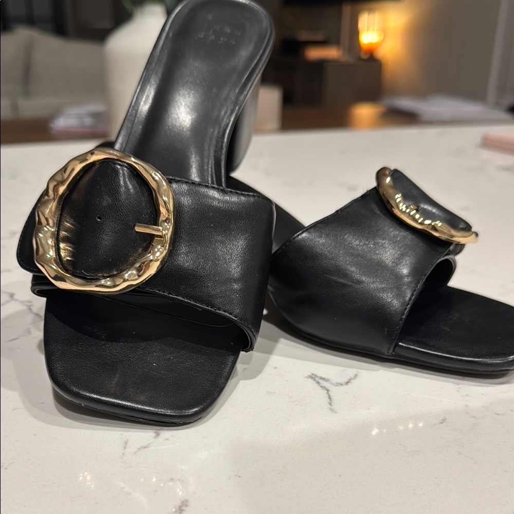 Black Leather Slide Sandals with Gold Buckle